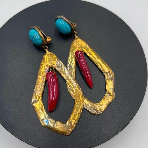 Sylvia Toledano Coral and Turquoise Corail Drop Bold 22k GP Drop Clip Earrings - Picture 8 of 11